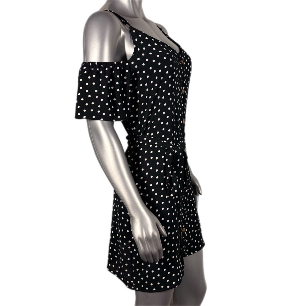 Speechless | Black and White Polka Dot Cold Shoulder Button Front Dress - Picture 4 of 12